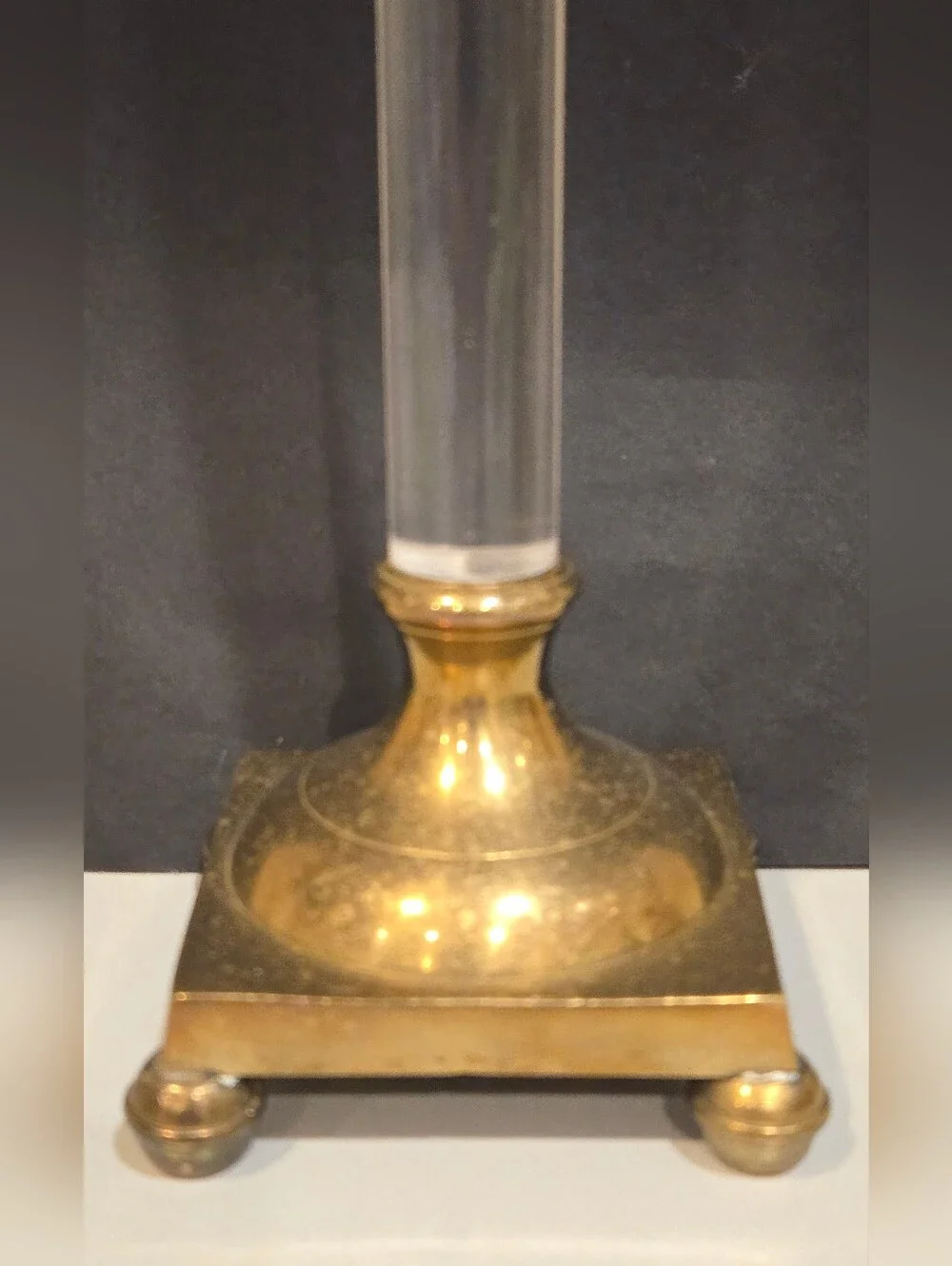 Brass and Clear Lucite Tall Candlestick Holder